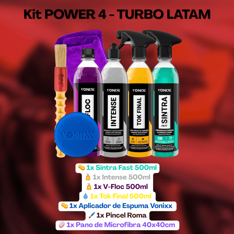 Kit POWER 4 - Shampoo de Limpeza e Proteção Completa | V-Floc + Cera Tok Final + Sintra Fast + Intense Vonixx